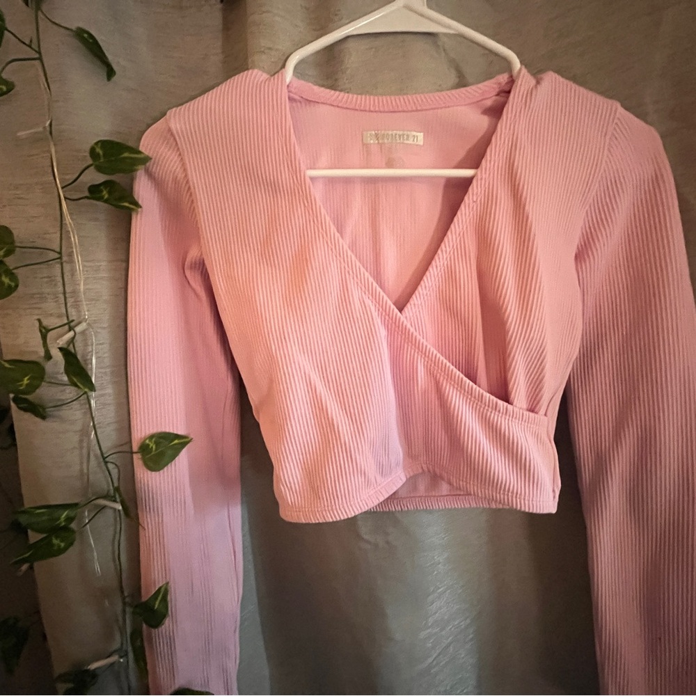 Pastel Pink Ribbed Wrap Top